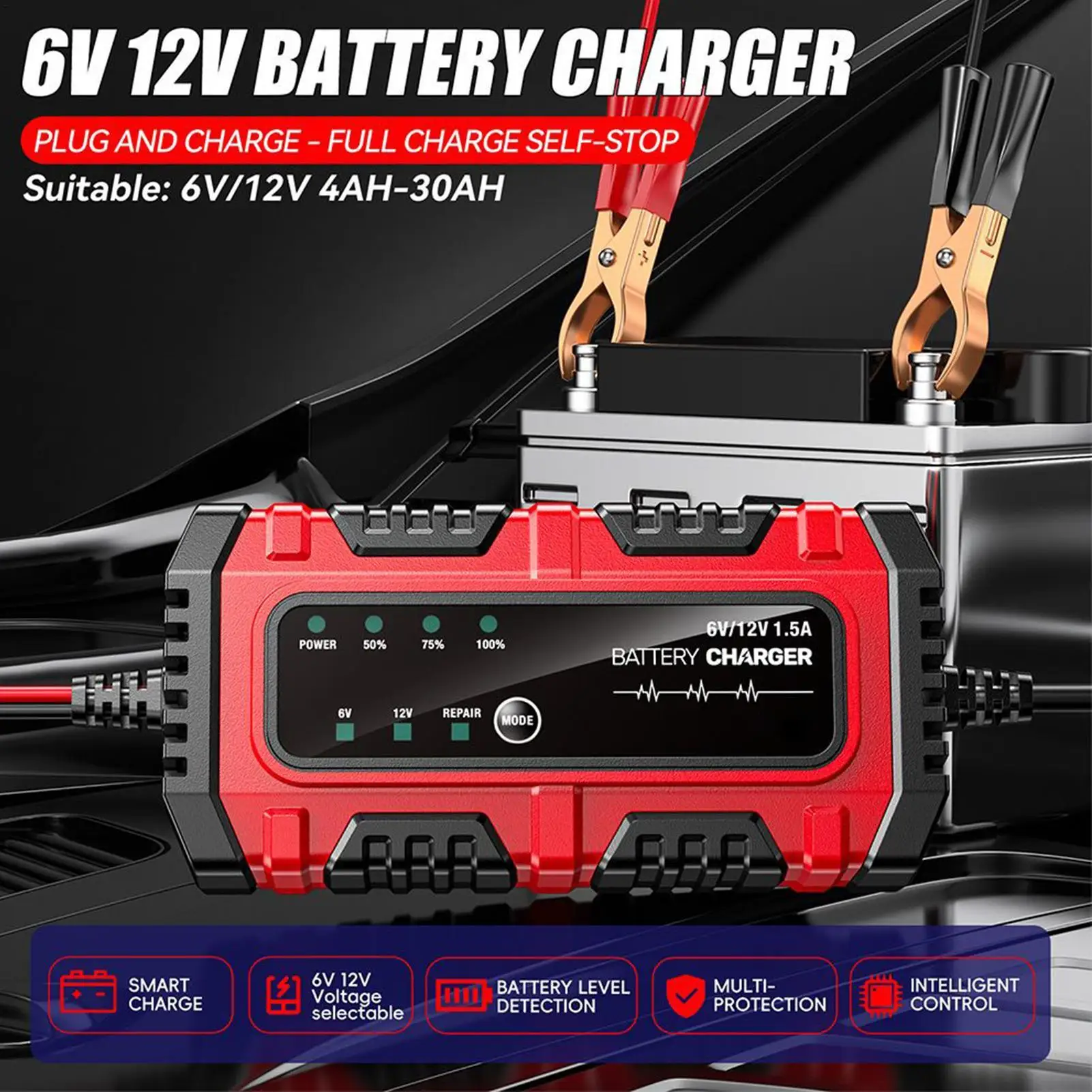 Battery Maintainer Trickle Charger 1.5A 6V/12V Truck Trickle Battery Charger Automatic Tender Maintainer for RV Car Boat Marine