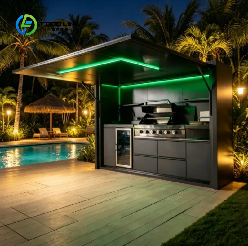 Customized Modular Outdoor Kitchen Gas Grill with Shed Fireproof 304 Stainless Steel Outdoor Kitchen Pod for Villa Courtyards