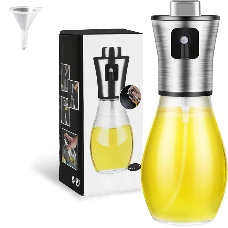 Pulverizador de aceite de oliva para cocinar, pulverizador de aceite de oliva de vidrio de 200 ml, rociador de aceite vegetal con embudo, rociador de aceite, hornear, freír, barbacoa
