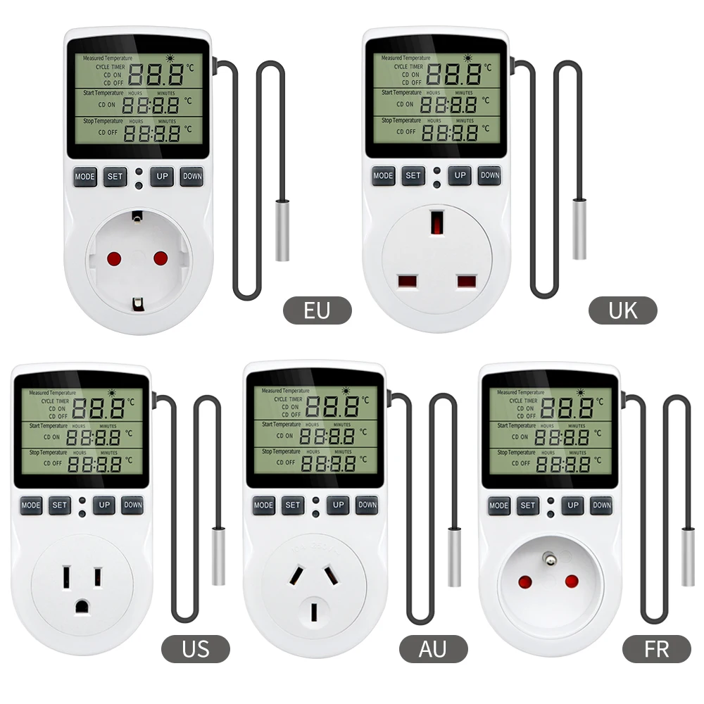LCD Digital Thermostat Timer Socket EU/US/FR/UK/AU Temperature Controller Outlet with Timer Switch Cooling Heating Sensor