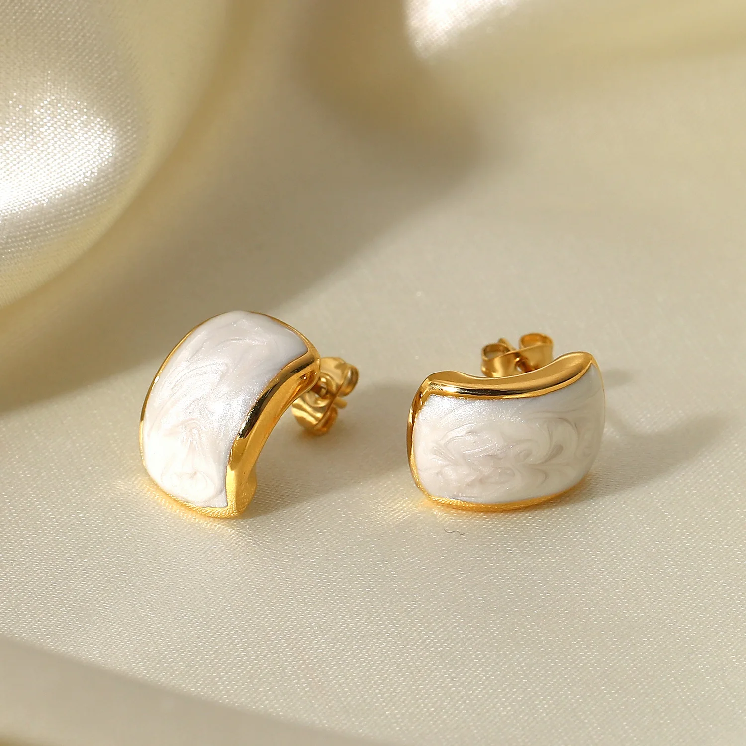 16K Gold Plated Stainless Steel Swirl White Pearlized Emanel Dome Stud Earrings For Women Girls Tarnish Free Jewelry Gift