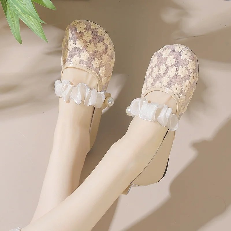 

New Romantic Tulle Mesh Shoes for Women Summer Mary Jane Flats Female Ruffle Strap Pearl Thin Breathable Comfy Embroidered Shoes
