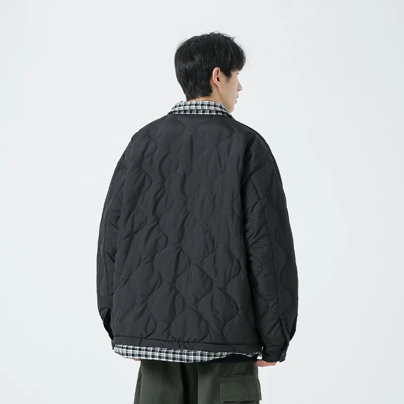 Men Down Jacket Lattice Turndown Collar Outdoor Riding Warm Puffer Jacket Leisure Streetwear Windproof Winter Coat