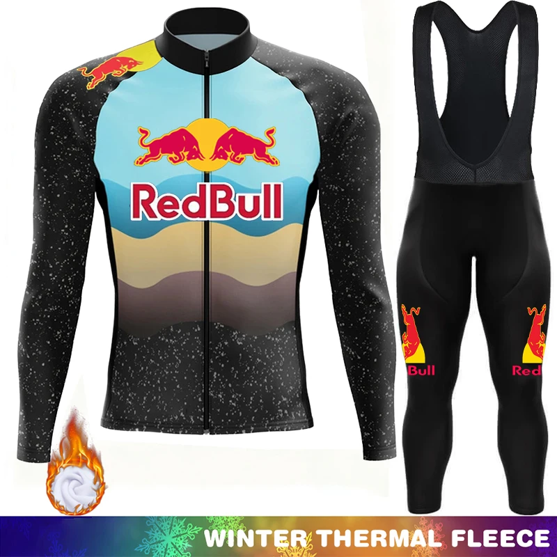Red Bull Winter Thermal Fleece Cycling Bib Men's Pants Jersey Mtb Clothing Man Maillot Outfit Mens Clothes Bike Road Bikes Shirt
