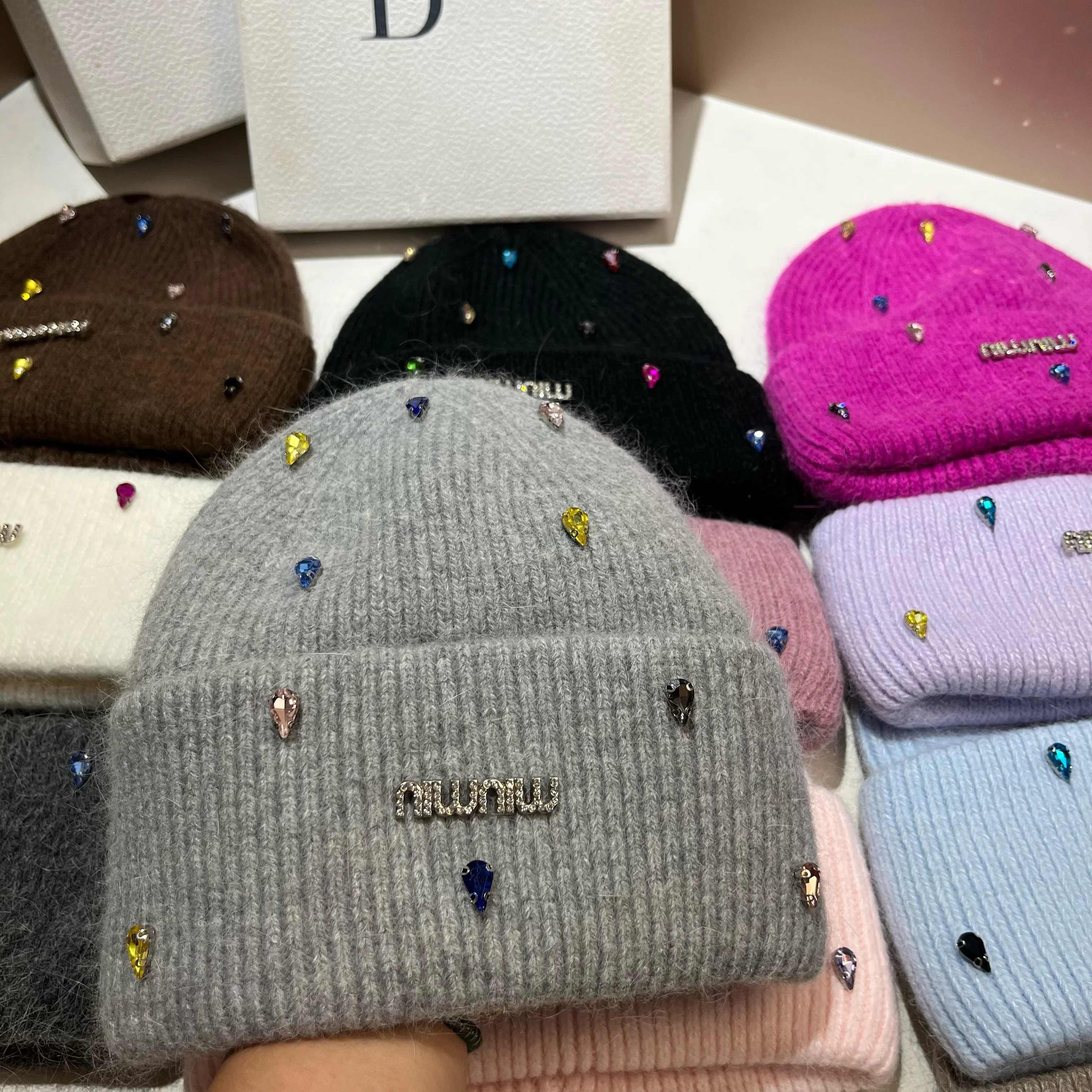 Paris Fashion Colored Water Diamond Rabbit Hair Knitted Hat Winter Thickened Warm Hooded Knitted Hat Sweet Girl Ear Protection H