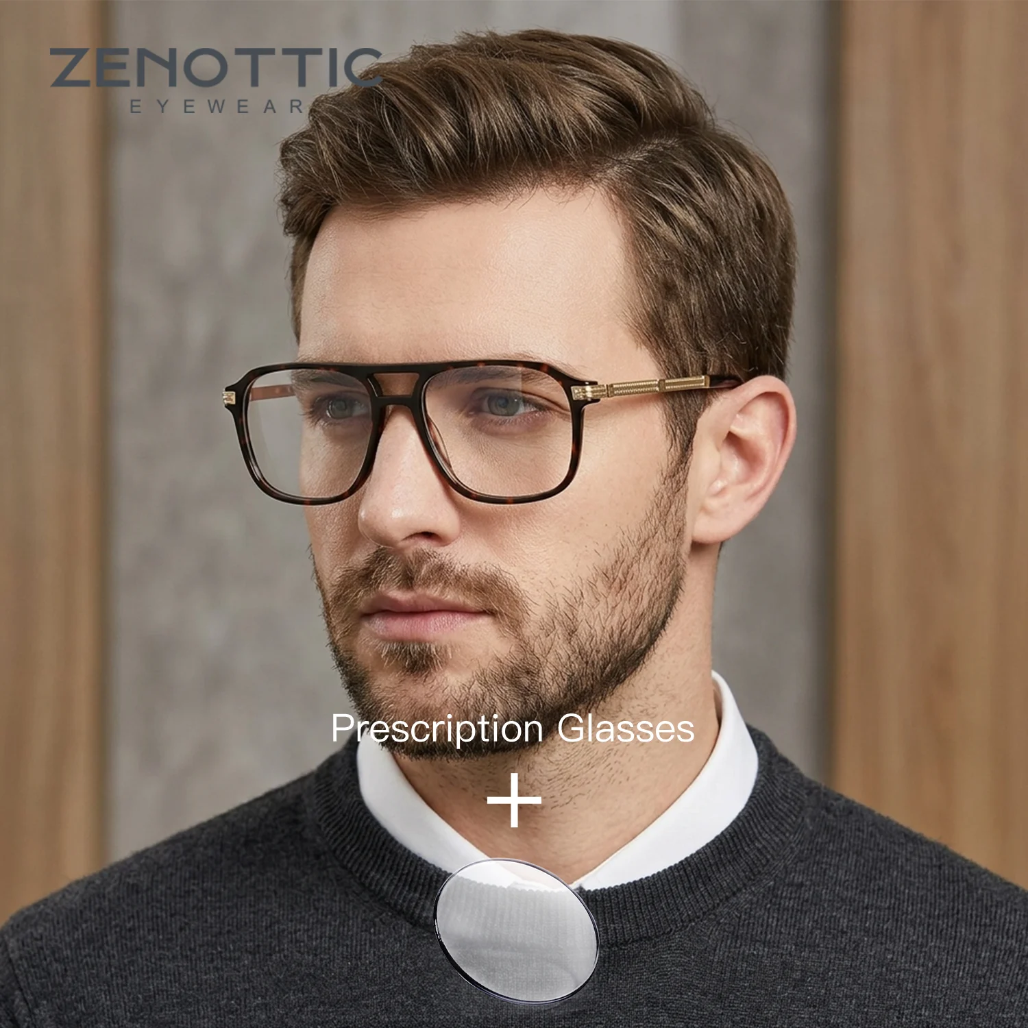 ZENOTTIC Man Handmade Acetate Pilot Progressive Multifocal Lenses Anti-Blue Ray Photochromic Square Prescription Eyeglasses