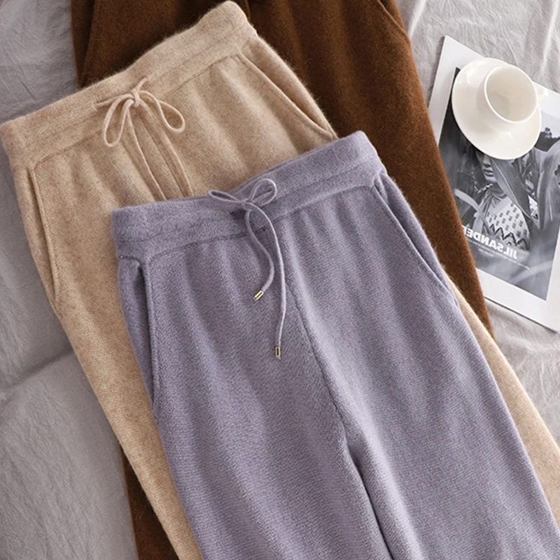 

2024 New High-end Drawstring Wide-leg Pants Women's Autumn and Winter High-waisted Straight Casual Pants Knitted Trousers
