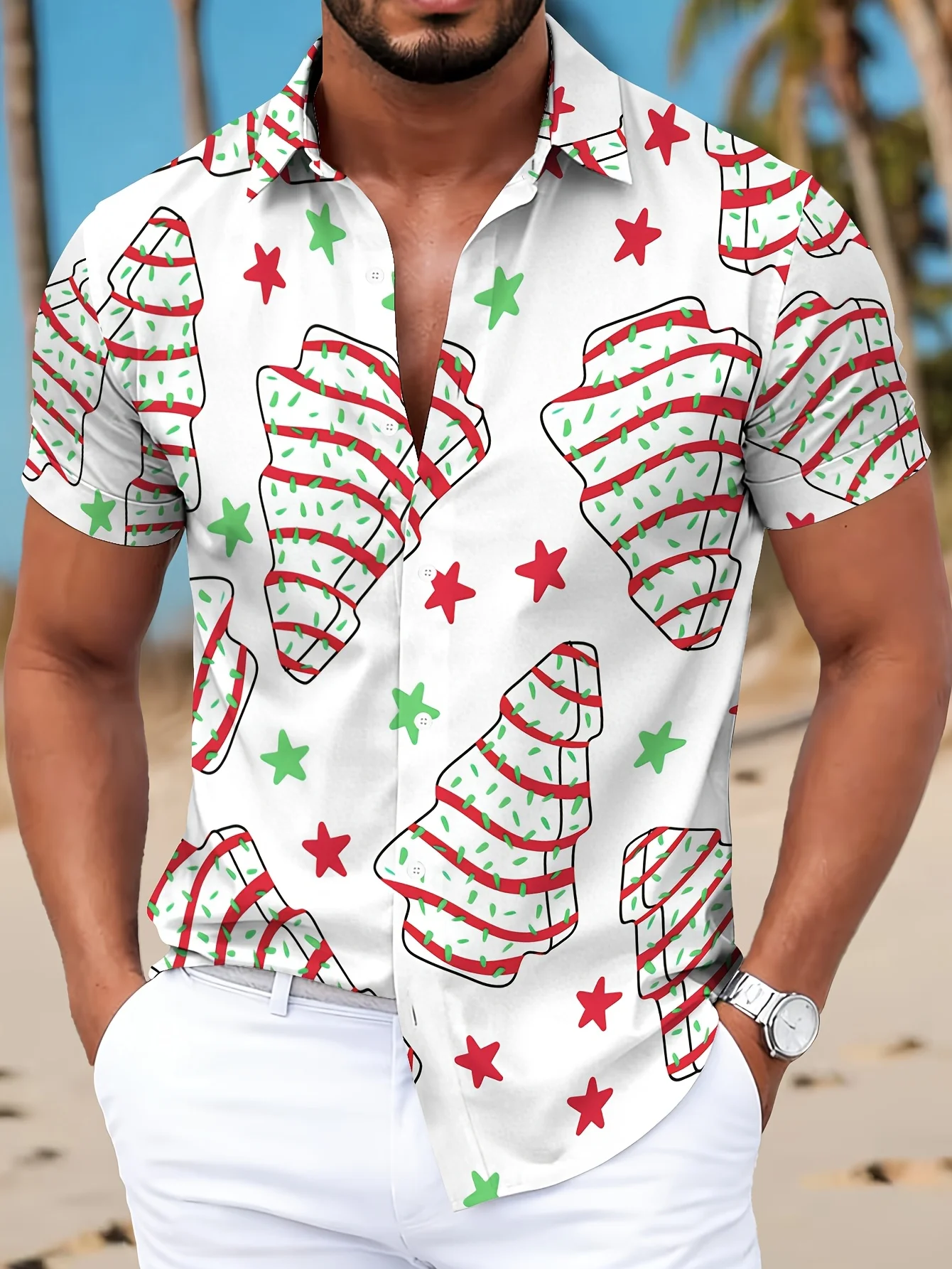 Hawaiian Style Men's Casual Shirt Print White Christmas Tree And Stars Pattern Winter Holiday Theme Top Men Clothes