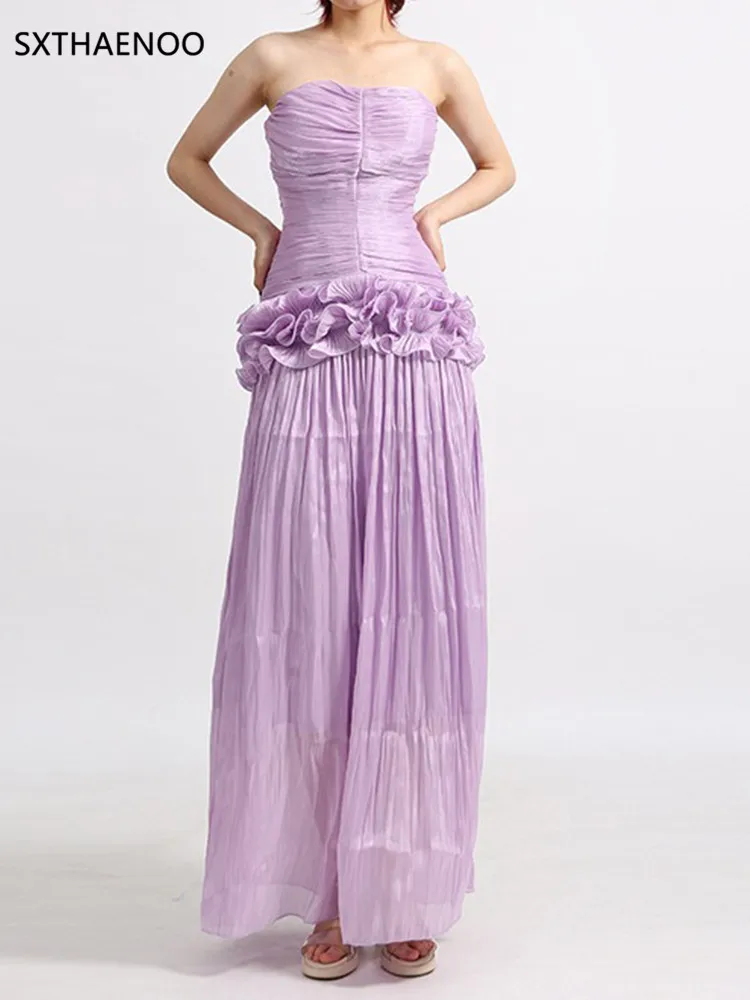 SXTHAENOO Solido Impiombato Fungo Abiti Dimagranti per Le Donne Senza Spalline Senza Maniche Patchwork Pieghe Abito Midi Abbigliamento Femminile Nuovo