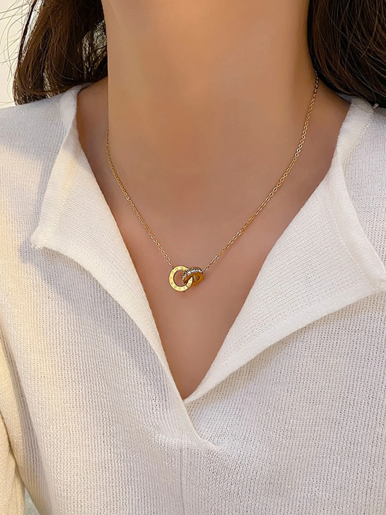 18K Gold Plated Stainless Steel Interlocking Circles Infinity Style Roman Numbers Wedding Statement Collar Necklace For Women