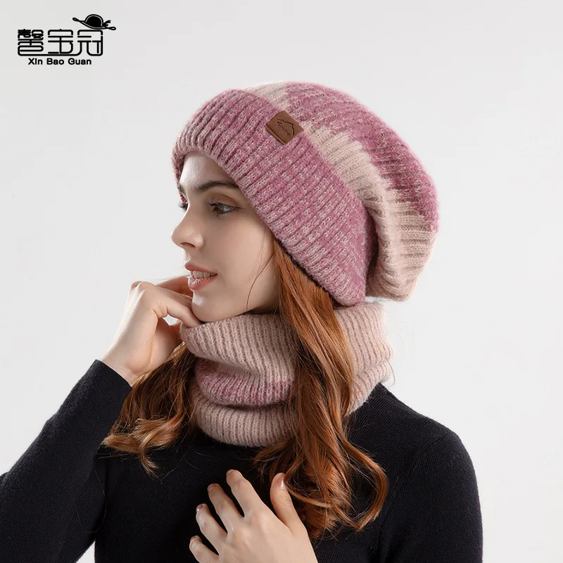 9971Winter Two-Tone Hat Female Fleece-lined Scarf Two-Piece Set Knitted Hat Thick Warm Earflaps Woolen Cap