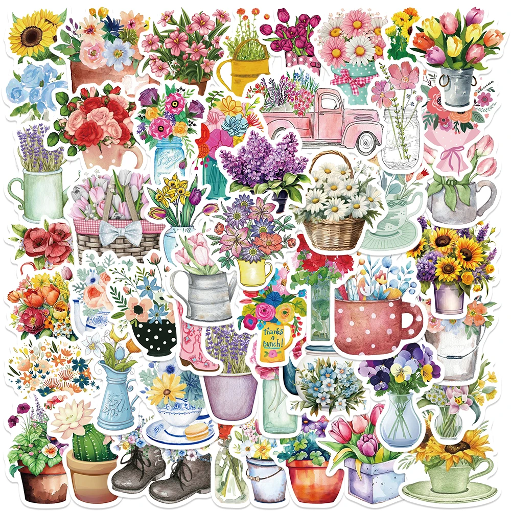 50pcs Flowers Stickers Aesthetic Graffiti Decals For Laptop Luggage Skateboard Bicycle Scrapbook Waterproof Stickers