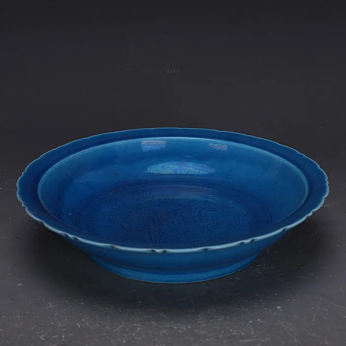 Chinese Blue Porcelain Plate Ming Hongzhi Carved Dragon Design 8.7 inch