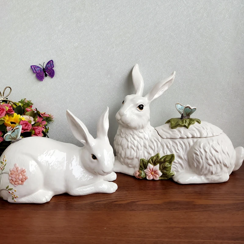 

Европейская керамическая скульптура кроликов, банка для хранения конфет, домашний декор, украшение для гостиной, банка для закусок, печенья, кухонный контейнер для еды