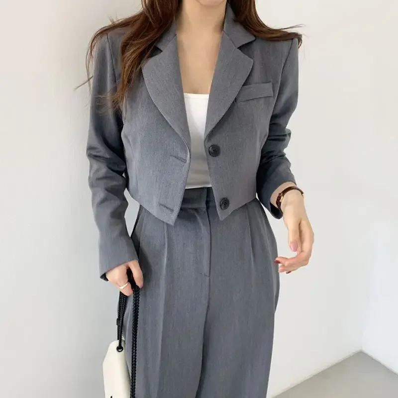 Women\'s Winter Vintage Casual Short Coat Wide Leg Pants Set Commuting Solid Color Single Breasted Blazer Pants Two-piece Sets