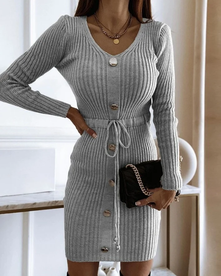 Fashionable Autumn Dress V-Neck Long Sleeve Button Decor Drawstring Waist Knit Sweater Dress Elegant Dresses for Women