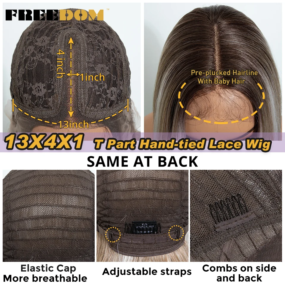 FREEDOM – gerade geschnittene, mehrlagige, synthetische Perücken mit Spitze vorne für Damen, 22 Zoll, mit Mittelscheitel, Ombré-Braun-Blond, ohne Klebstoff, für den täglichen Gebrauch. – Detail 6