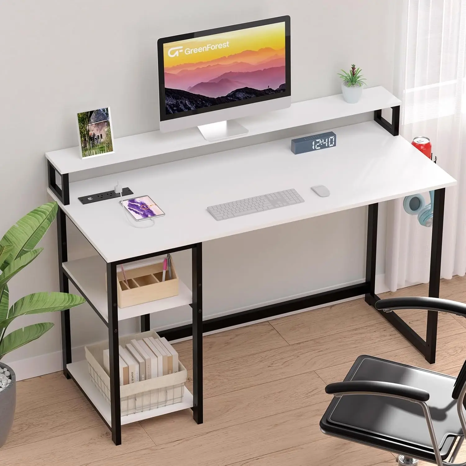 Umail-escritorio Reversible para ordenador, mueble con puerto de carga USB y toma de corriente, para oficina y hogar, con soporte para Monitor