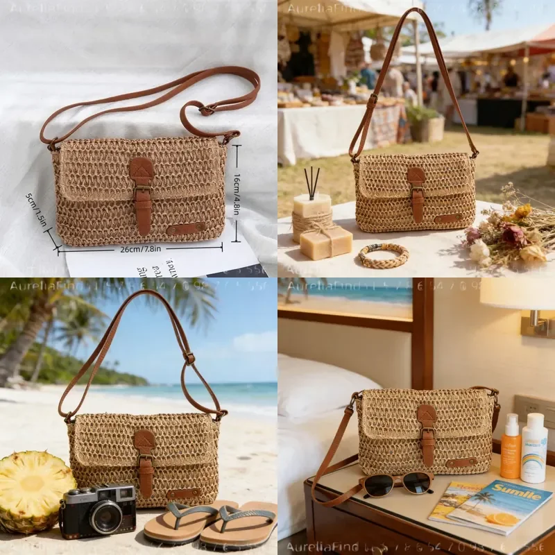 Retro Woven Sling Bag Khaki With Distressed Leather Buckle Adjustable Strap For Casual Outings Vacation Western Style Outfits