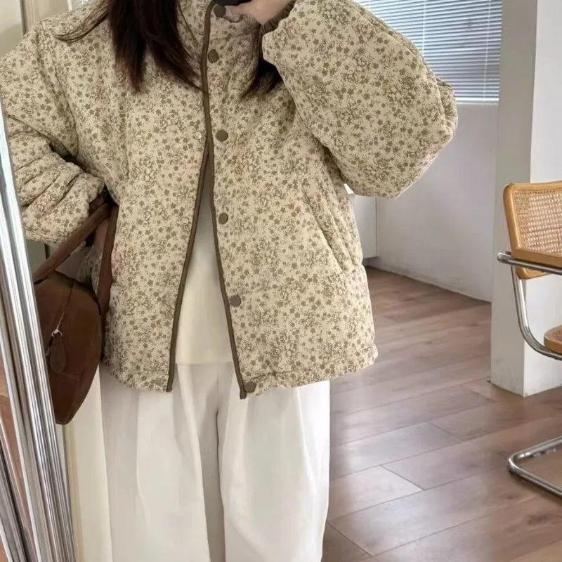 

2026 Senior Winter New Retro Stand-up Collar Blue Floral Casual Loose and Thin Cotton Coat Women's Thickened Warm Cotton Coat