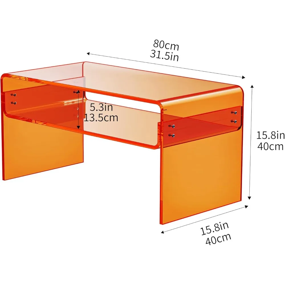 Meja Kopi Persegi Panjang Akrilik Transparan dengan Rak Penyimpanan Terbuka untuk Ruang Tamu dalam Warna Oranye