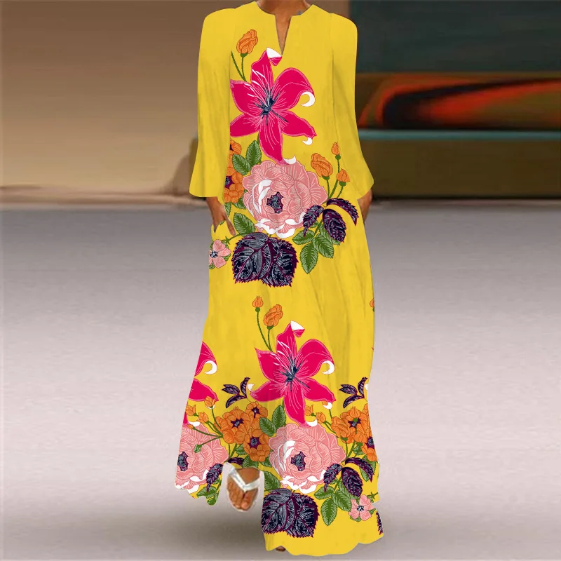 Kobiety Casual Loose Spring Autumn Printed Long Sleeved V-neck Dresses Yellow Vintage Clothes Fashion Maxi Ropa De Mujer Vestidos