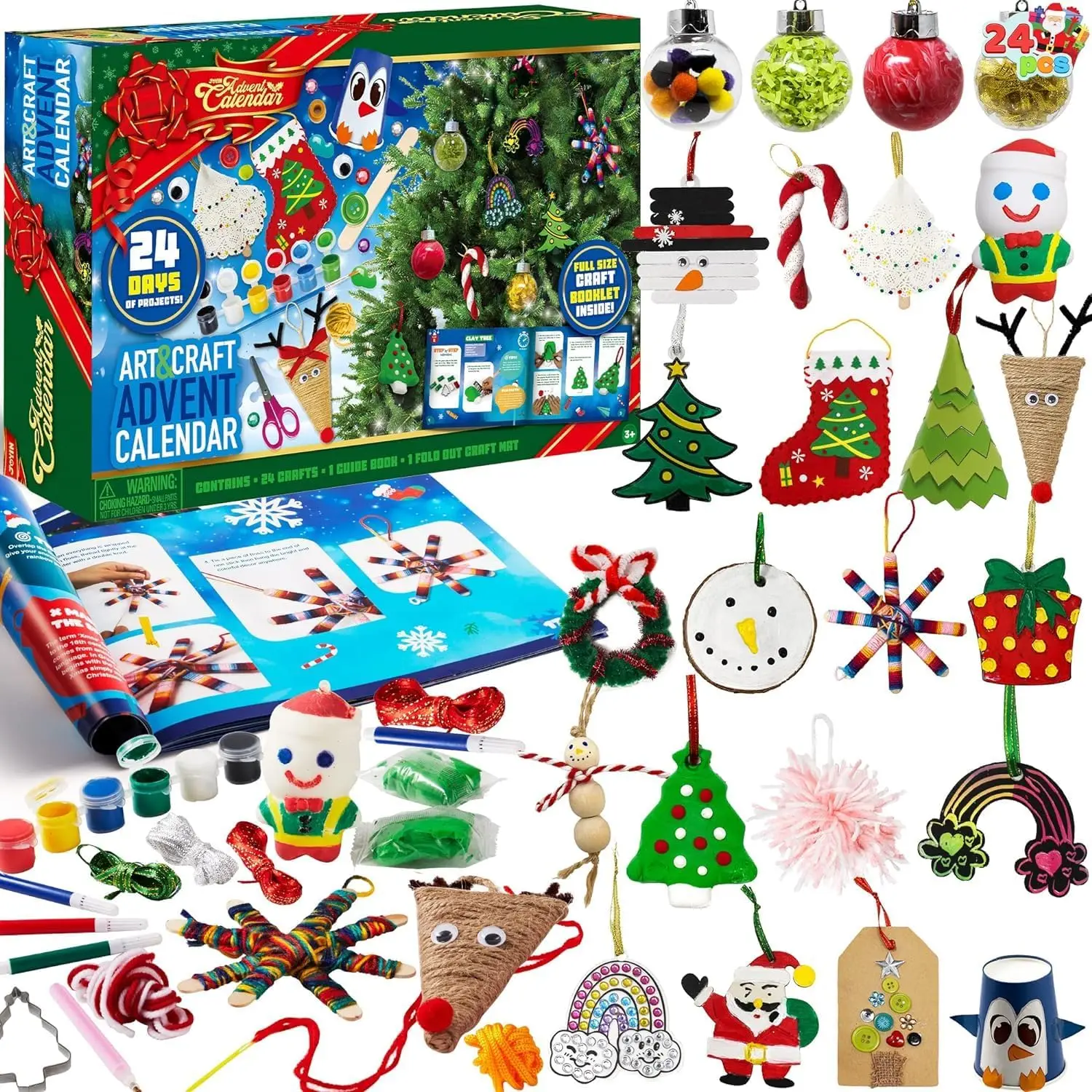 JOYFY 2026 Weihnachts-Adventskalender Countdown für Kinder DIY-Bastelset mit Schere, Klebstoff, Schlüsselbändern, Farben, Aquarellstiften, Partygeschenk