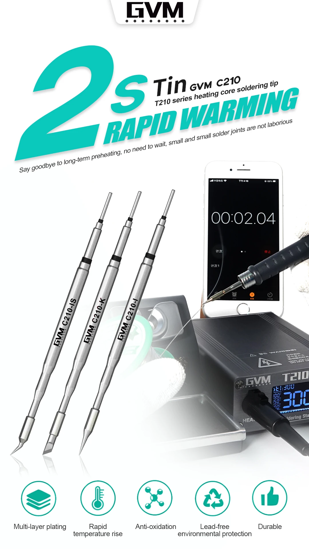 GVM C210 Series Integrated Soldering Iron Tips Knife/Elbow /Pointed Tip for GVM T210 JBC 210  T26 T26D S21 Soldering Station