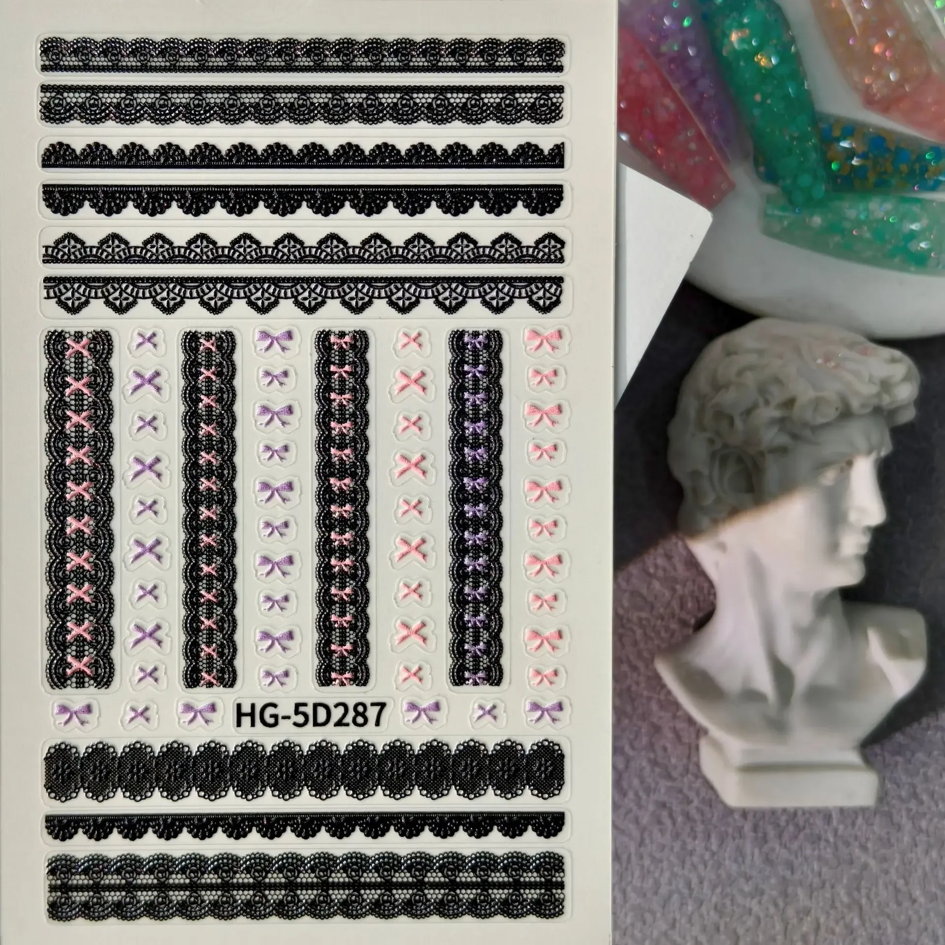 1 Set 5D Embossed Pure Desire Lace Nail Stickers Black White Lace Self-Adhesive Sweet Cool DIY Manicure Nail Decor Ornaments
