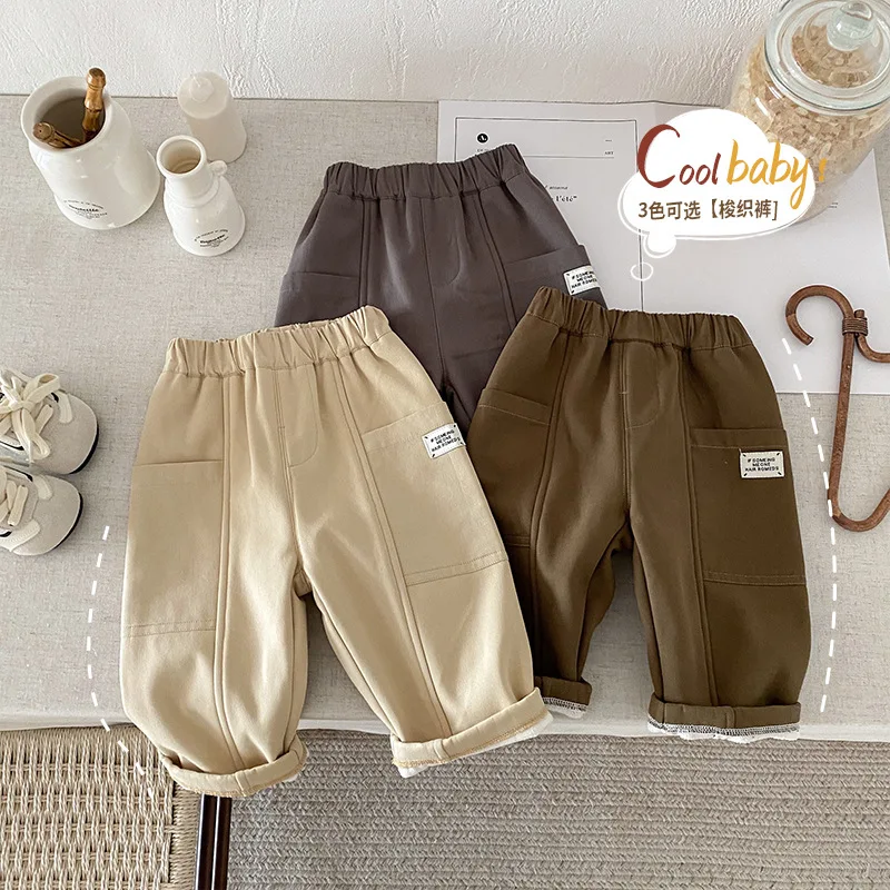 Children's Velvet Sweatpants 0-5 Years Old Winter Korean Children's Clothing Boys' Stylish Solid Color Casual Pants Baby Pants
