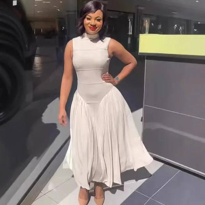 

New summer foreign trade temperament dress: high-neck, sleeveless, slim-fit, spliced long dress