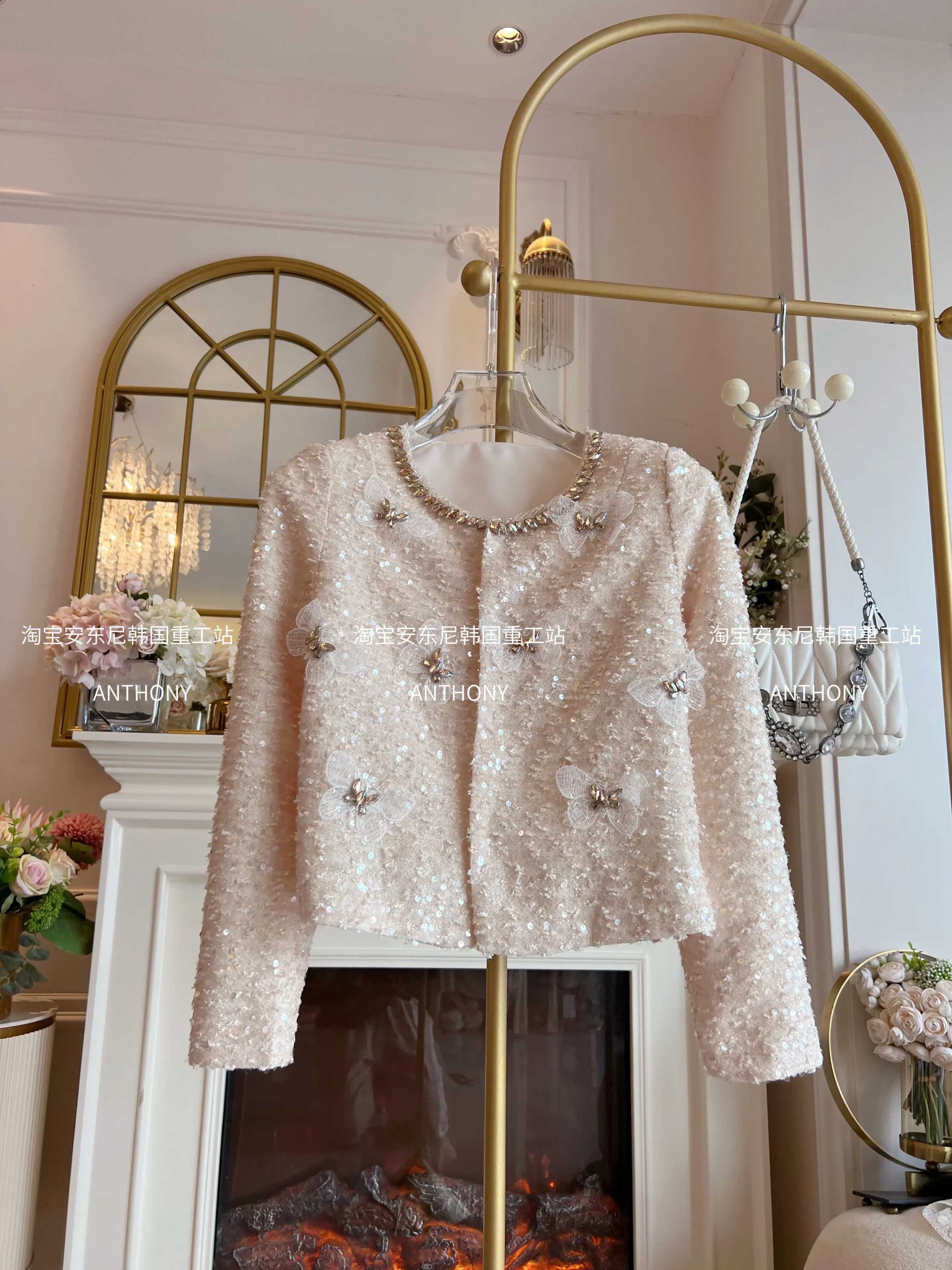 Elegant Butterfly Short Jacket Women Sequin Diamonds Heavy Industry Round Collar Long Sleeve Cardigan Fashion Cropped Coats