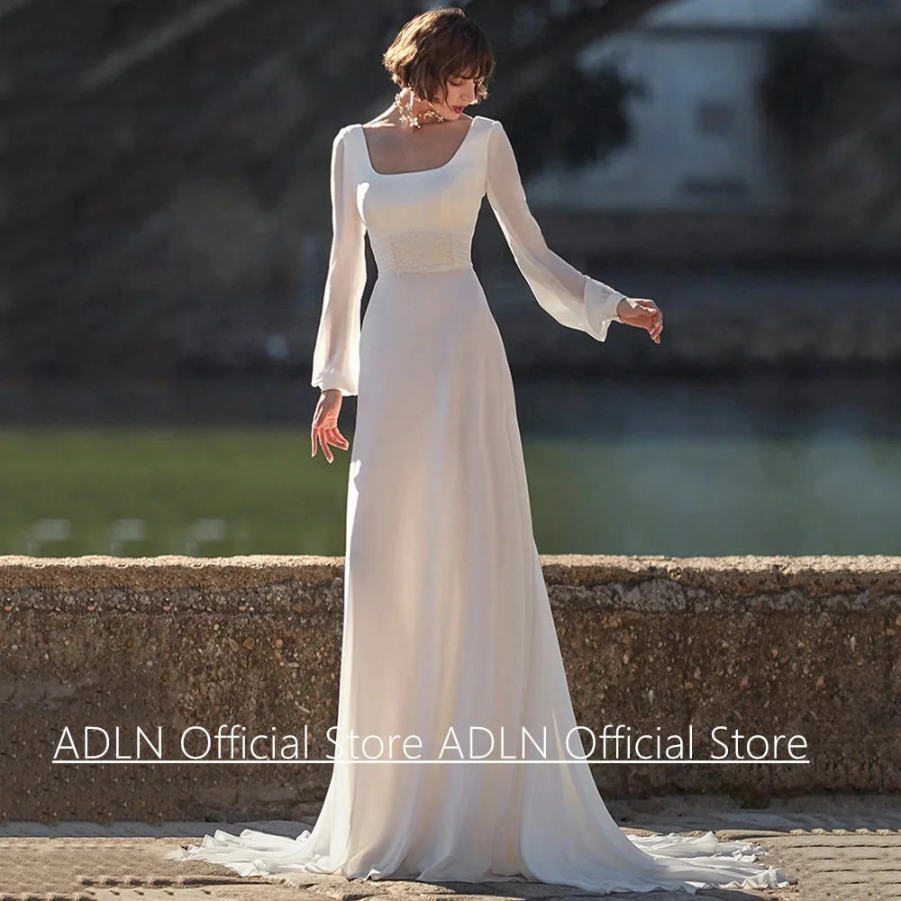 Beach Wedding Dress Customized Square Neck Illusion Back Buttons Puff Sleeves Applique Chiffon Korea Bridal Gown Sweep Train