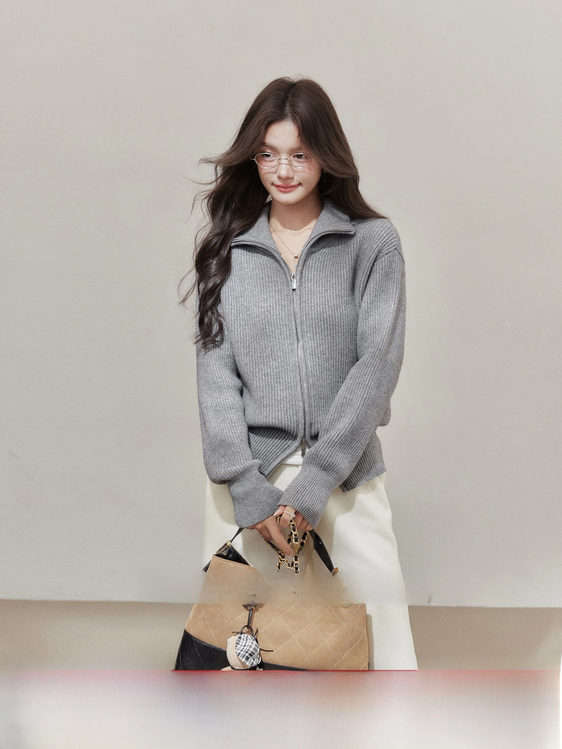 

ay Knitted Open Cardigan with Double Zipper Loose Fit Stand Collar Leisure Sle Women's Sweater for Waiting at the Airport