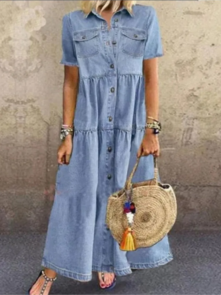 

Flower Print Denim Dresses for Women Single Breasted Long Dress Pocket Lapel Short Sleeves Simple All-match Style Spring Summer