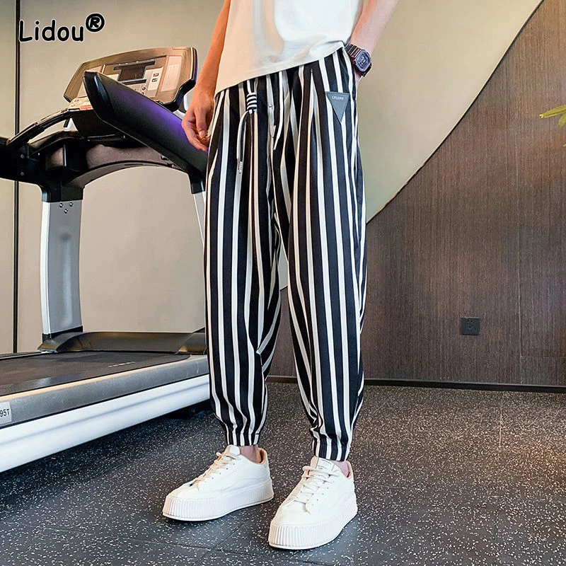 

2023 Men's Clothing Fashion Loose Elastic Waist Simplicity Handsome Printing Striped Spring Summer Thin Comfortable Casual Pants