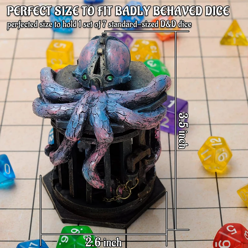 DND Steampunk Octopus Dice Jail Prison with Polyhedral Mystery Dice Set Resin Cage for Taming Your Unruly Dice