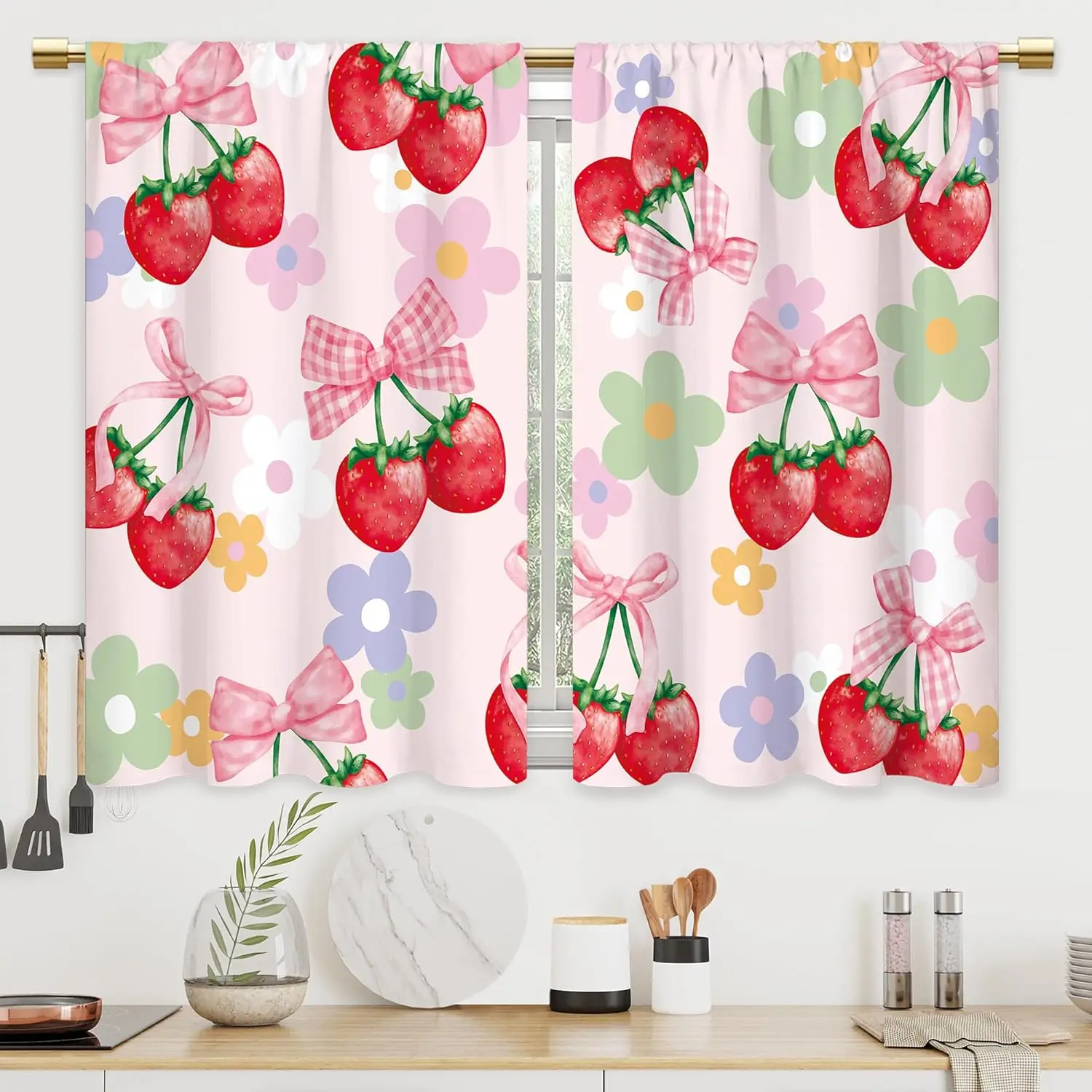 

Pink Bow Strawberry Kitchen Curtains Girls Flower Y2K Bathroom Curtains Window Treatment Drapes Tier Fruit Preppy Cafe Small