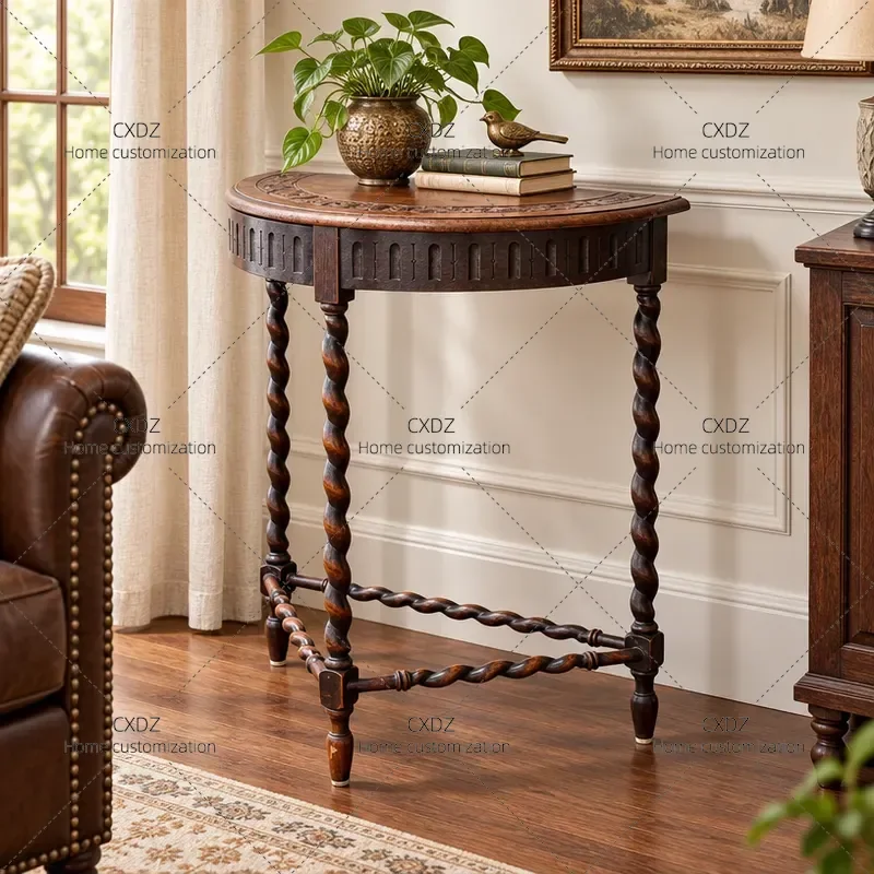 American Retro Solid Wood Entrance Table Medieval Foyer Balcony Decorative Partition Wall Mounted Semicircular Carved Small