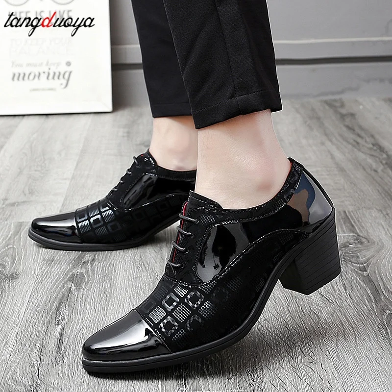 New Rubber-sole men dance shoes Pointed Lace-up Leather Shoes Men Fashion High Heels Increase Business Dress Wedding Casual Shoe
