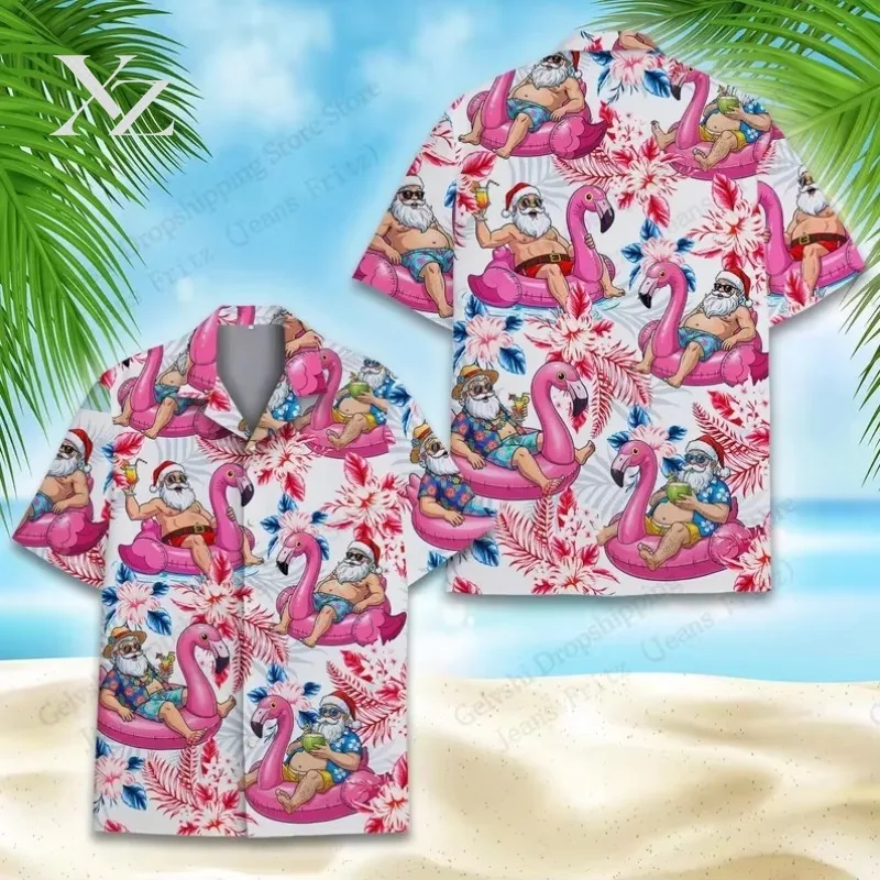 Hot Sale Flamingo Santa Claus 3D Print Hawaiian Christmas Shirt Men Women Fashion Single-breasted Short Sleeve Beach Holiday