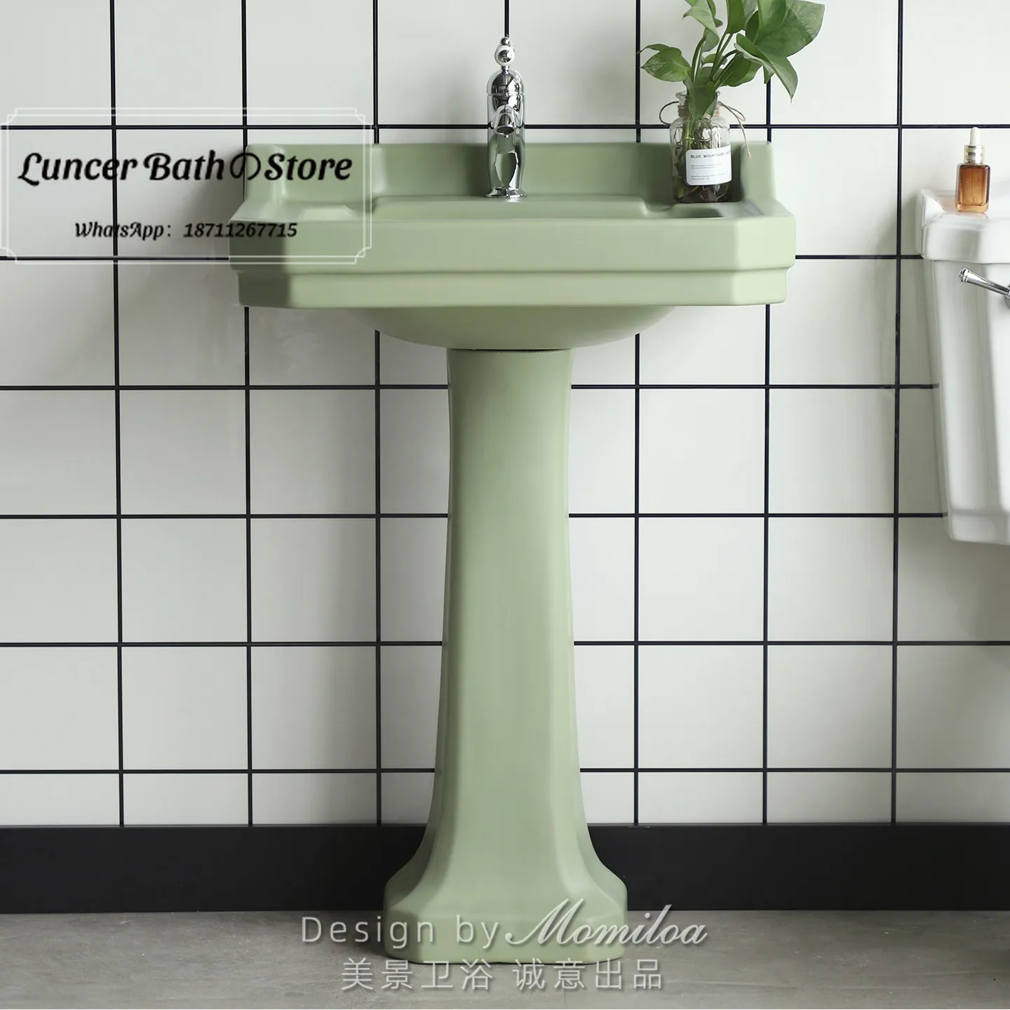 French Grass Green Ceramic Pedestal Sink, Small Space One Piece Floor Standing Wash Basin for Balcony, Vintage Unique Design