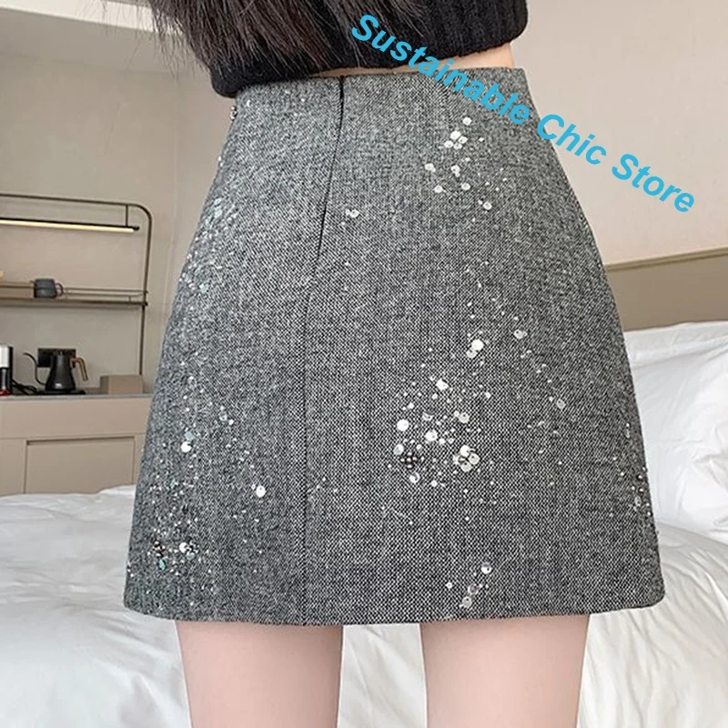 Korean Version of Heavy Sequined Beaded Woolen Skirt Women's Autumn and Winter New High Waist Slim Small Fragrance A-line Skirt