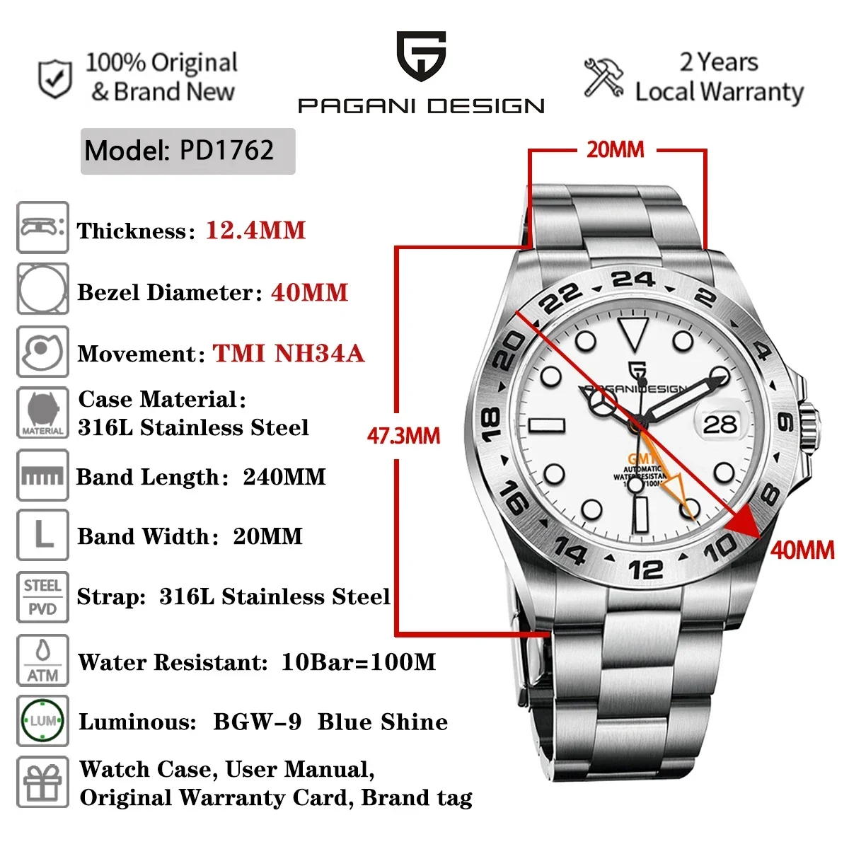 Pagani design japão nh34 gmt 40mm relógio mecânico de vidro safira relógio automático 100mm à prova dwaterproof água relógio inoxidável masculino pd1762