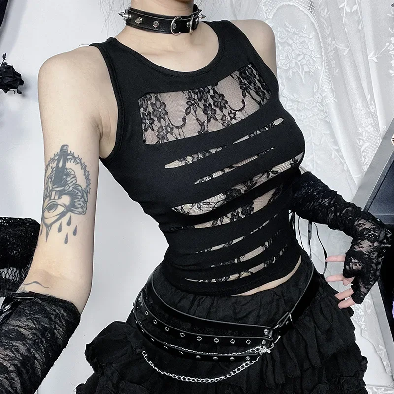 Spring 2024 New Sexy Micro Transparent Vest Dark Wind Personality Double Lace Halter Top Women Korean Fashion Clothing