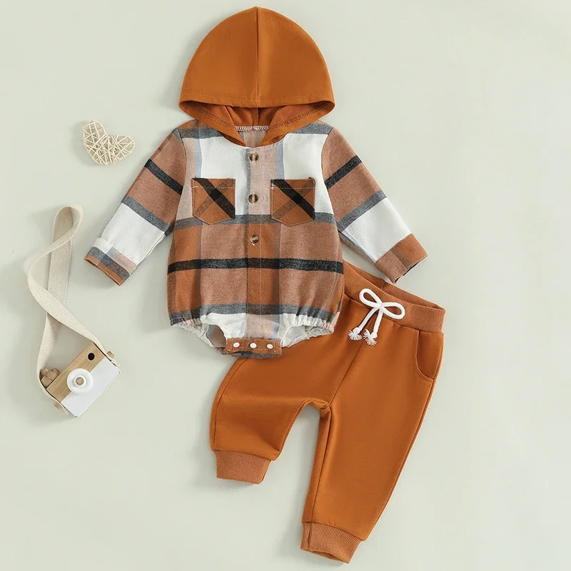 2 Piece Set Baby Boys Plaid Set Chest Pocket Button Long Sleeve Hooded Romper Long Trousers Outfits Boys Autumn Clothing