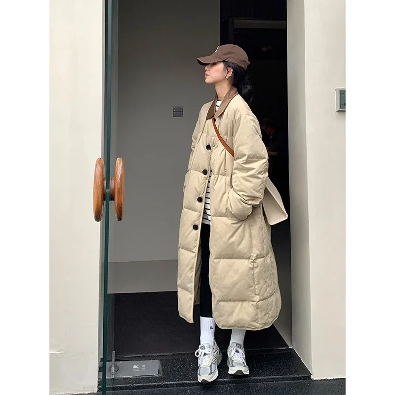 Vintage Khaki Long Down Jacket Women Winter Korean Single-breasted Loose Thickened Parkas Fashion Black Casual Lady Outwear