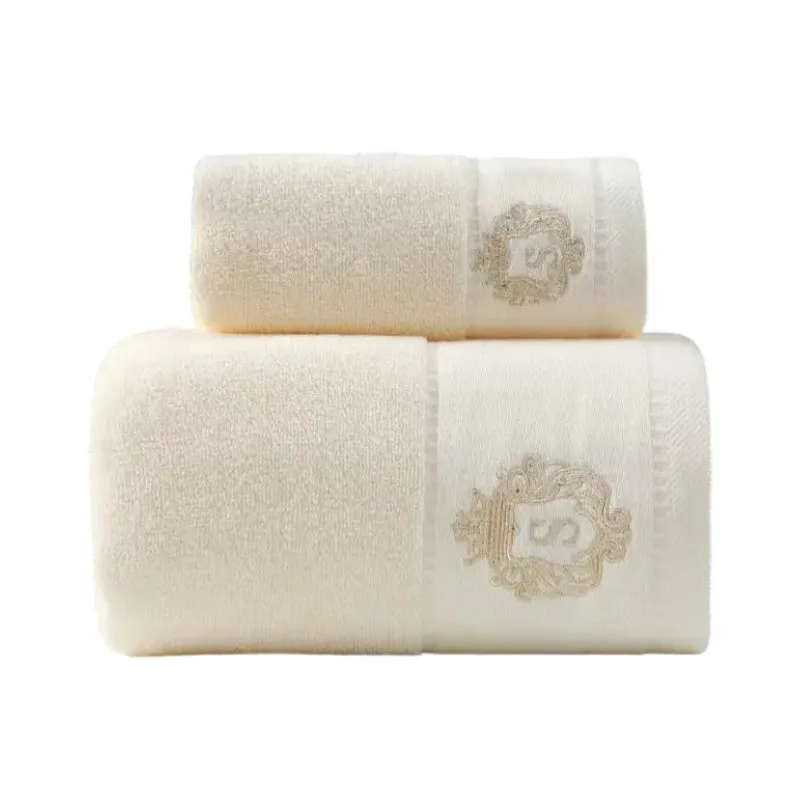 2pcs Cream Cotton Embroidered Bath Towels Set Soft 70x140cm & 34x74cm - Face Hand Shower Towels for Bathroom Beach Gift