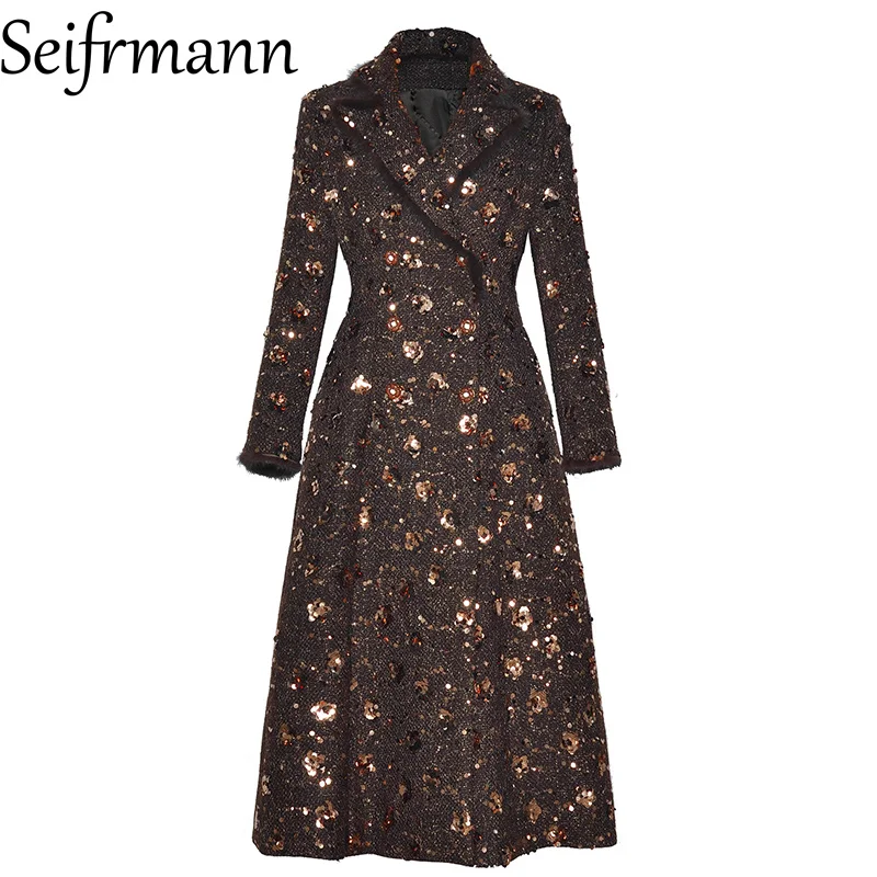 Seifrmann 2026 Spring Women's New Fashionable Collar Long Sleeve Glitter Double Row Buckle Waist Clip Cotton Thick Coat