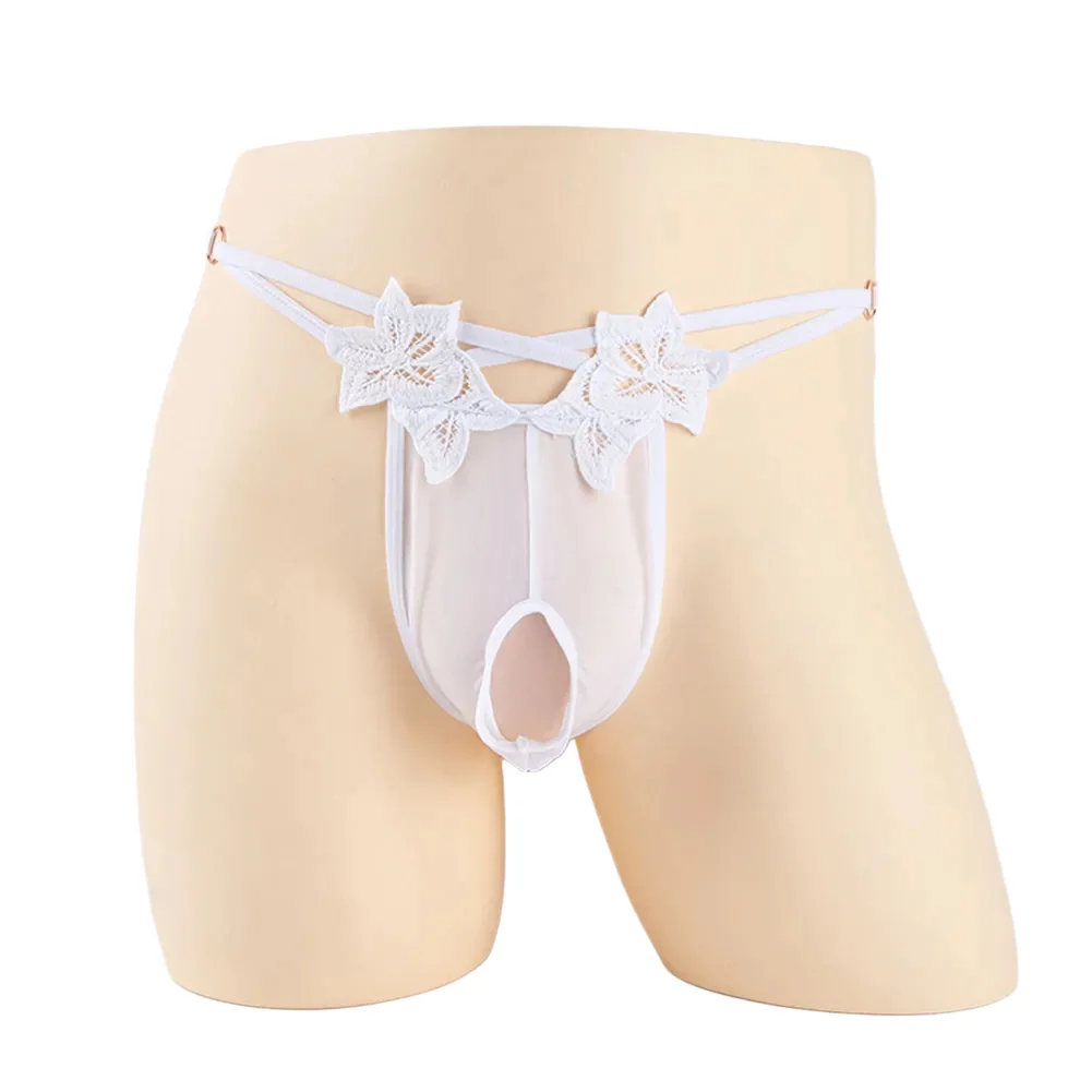 Men Sexy Front Hole Mesh Gay Sissy Pouch See Through Underwear Open Crotch T-back Embroidered Thong G-string Hollow Out Lingerie